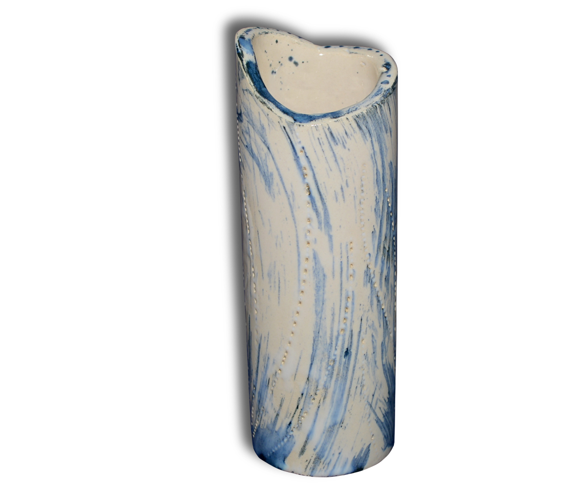 KRE-004-Vase-hell-mit-blauen-Flecken-Streifen-02 Vase "Abstrakt Blau"